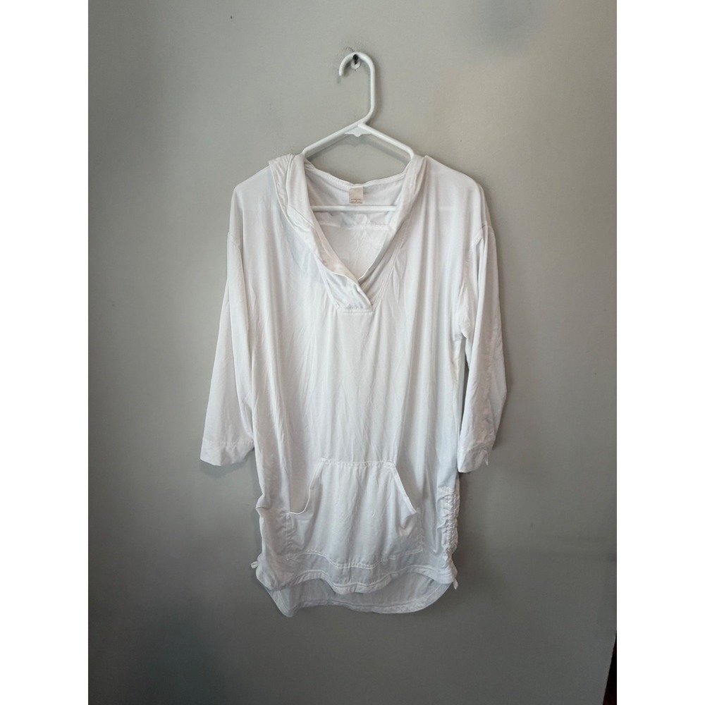 Prana Womens White Hooded Swim Cover Up Tunic Kangaroo Pocket Size Medium